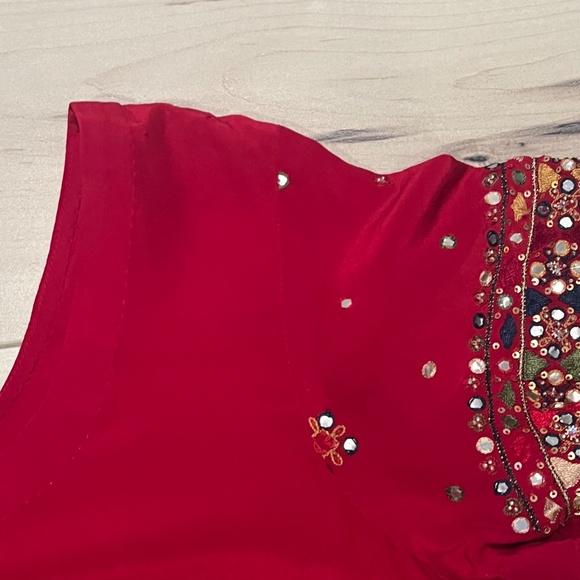 Women’s Indian 3 Piece Red Silk Sequin Top & Pants w Matching Wrap-Large - Picture 9 of 12